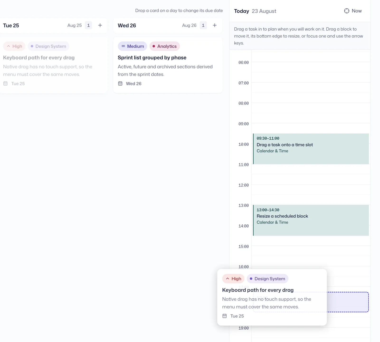 Intently's Today view: a four-day board on the left, today's hour-by-hour calendar on the right, and a task card mid-drag over an empty time slot.